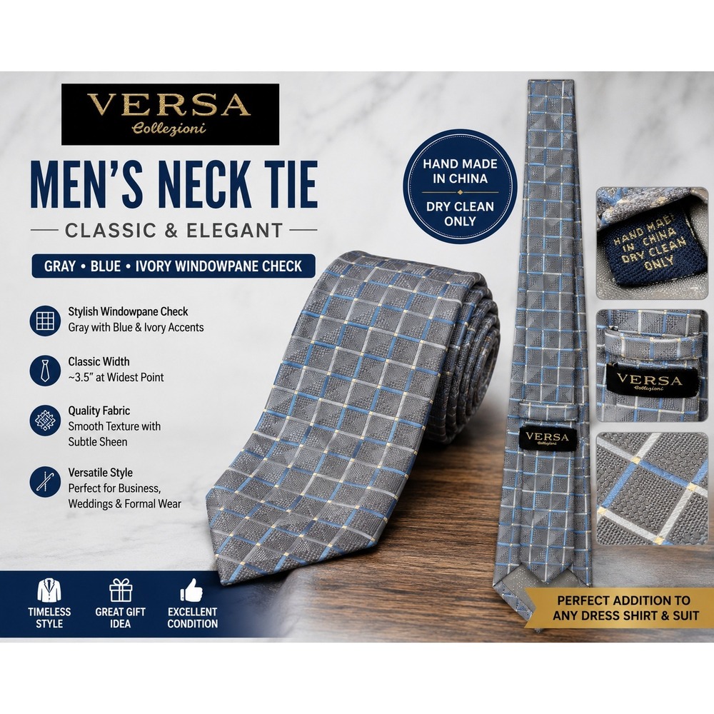 Versa Collezioni Mens Neck Tie Gray Blue Ivory Windowpane‎ Check Silk Blend